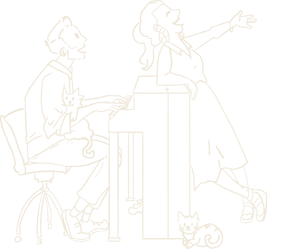 Illustration of Luke playing piano and Jordi singing, with their cats